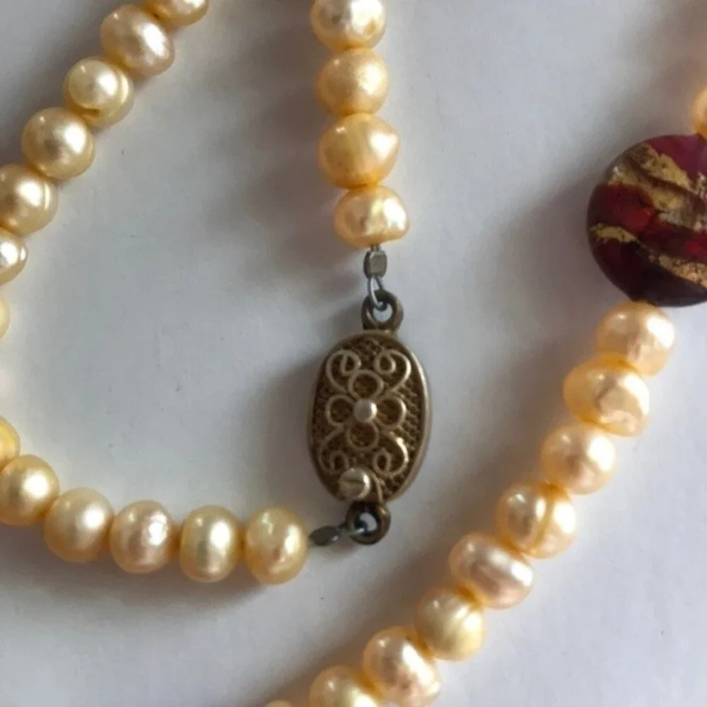 Vintage Handmade Venetian Glass Freshwater Gold Pearl Sterling Clasp Necklace 18